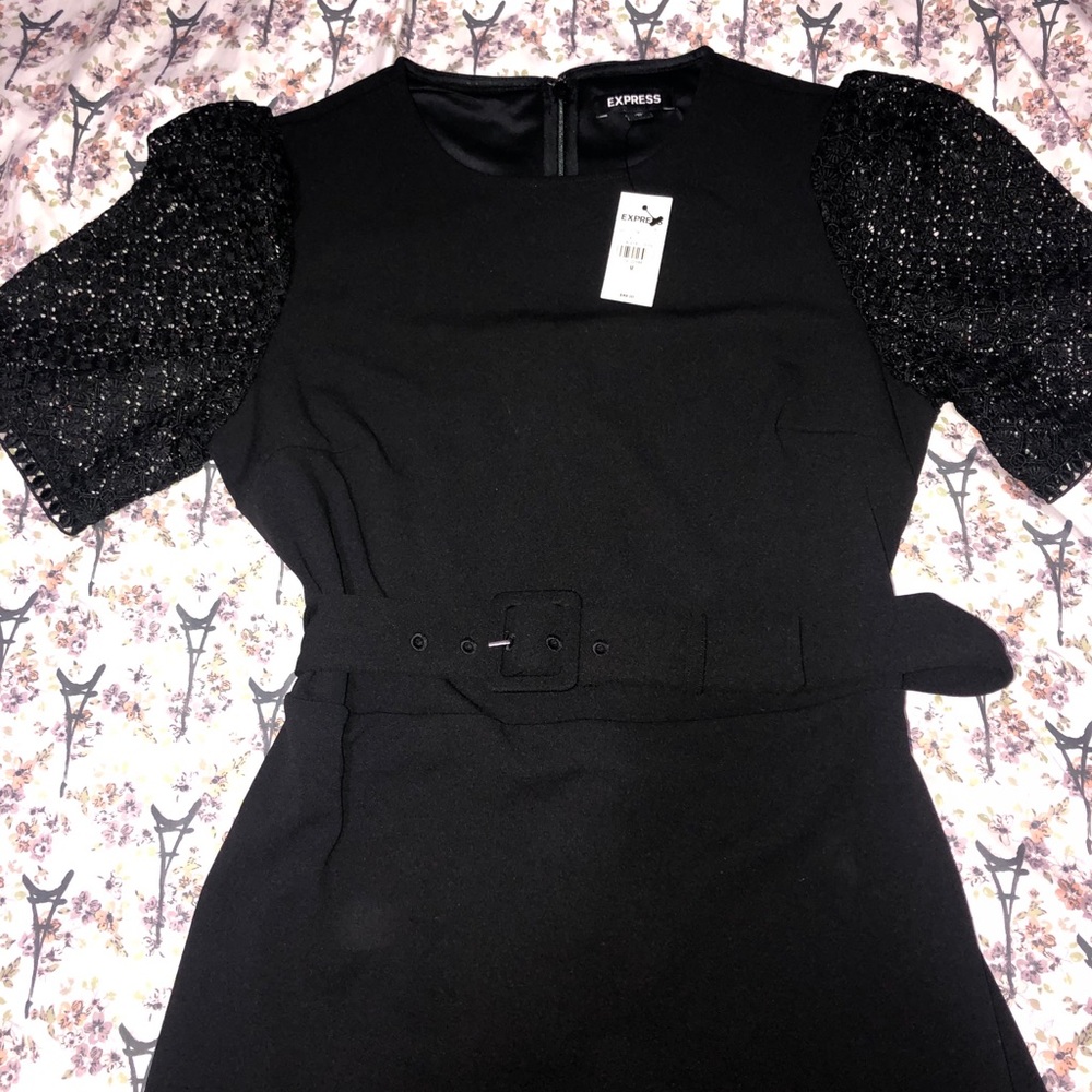 Belted Lace Sleeve Sheath Black Dress